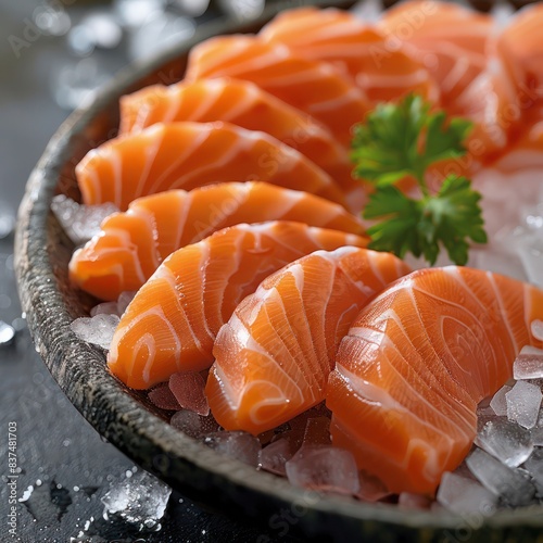 a delicacy of the east, fresh raw salmon sashimi freshly sliced and placed onto a bed of crushed ice ready to be devour