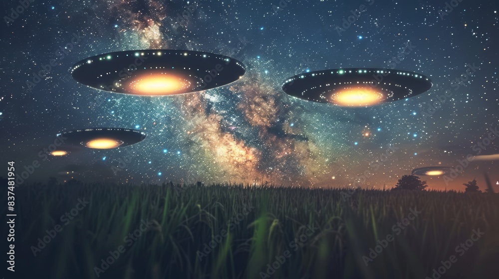 Multiple UFOs hovering low above a lush rice field, vibrant lights casting eerie shadows, a breathtaking starry sky in the background
