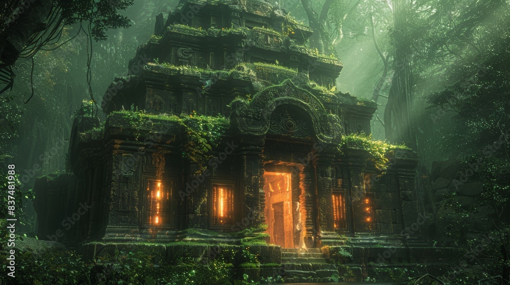 Mysterious ancient temple in a dense jungle, illuminated by an ethereal glow, with intricate carvings and mystical symbols radiating light Mysterious ancient temple in a dense jungle, illuminated by an ethereal glow, with intricate carvings and mystical symbols radiating light