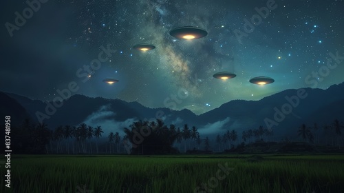 Multiple UFOs hovering low above a lush rice field, vibrant lights casting eerie shadows, a breathtaking starry sky in the background