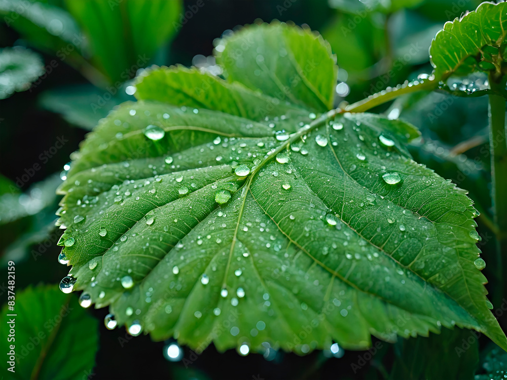 Leaf with Dew Drops: A close-up of a single green leaf with delicate dew drops glistening in the morning light, capturing the intricate veins and natural texture. Leaf with Dew Drops: A close-up of a single green leaf with delicate dew drops glistening in the morning light, capturing the intricate veins and natural texture.