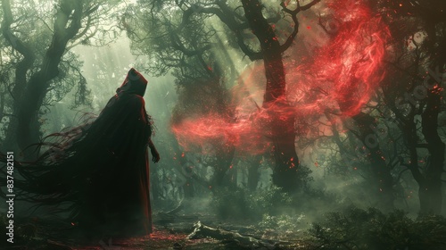 Mystic sorcerer wielding red mist, casting powerful spells, deep within a forest of twisted, eerie trees photo