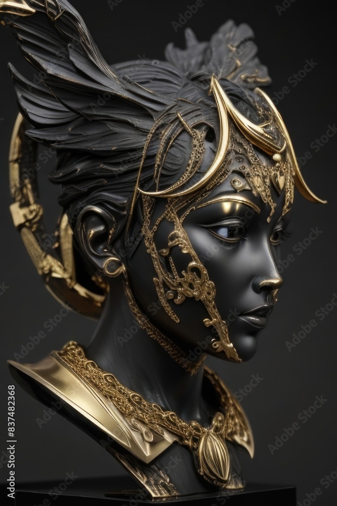 a golden statue with a headdress and horns a golden statue with a headdress and horns