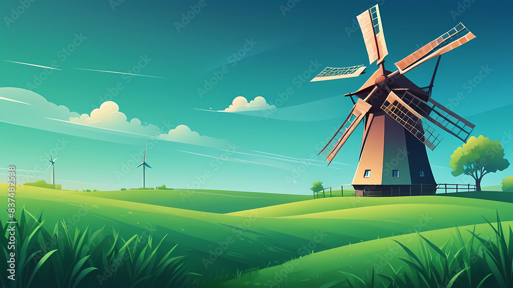 vector gradient background of a green field with a windmill in the ...