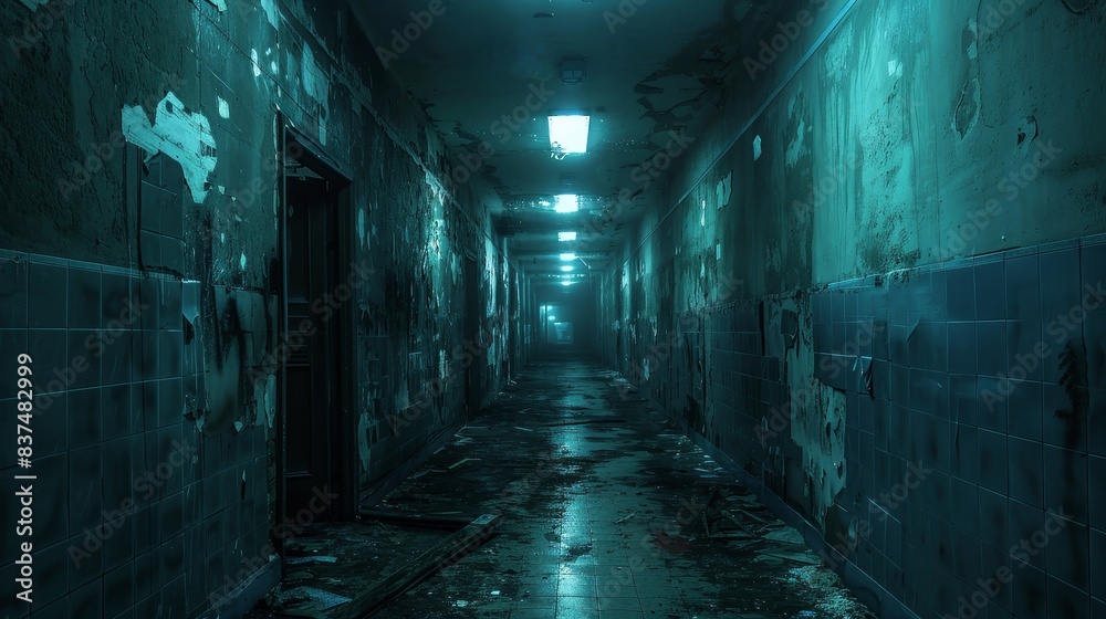 Ominous nighttime view of an abandoned hospital corridor, flickering fluorescent lights, shadows lurking, peeling paint on the walls, eerie silence Ominous nighttime view of an abandoned hospital corridor, flickering fluorescent lights, shadows lurking, peeling paint on the walls, eerie silence