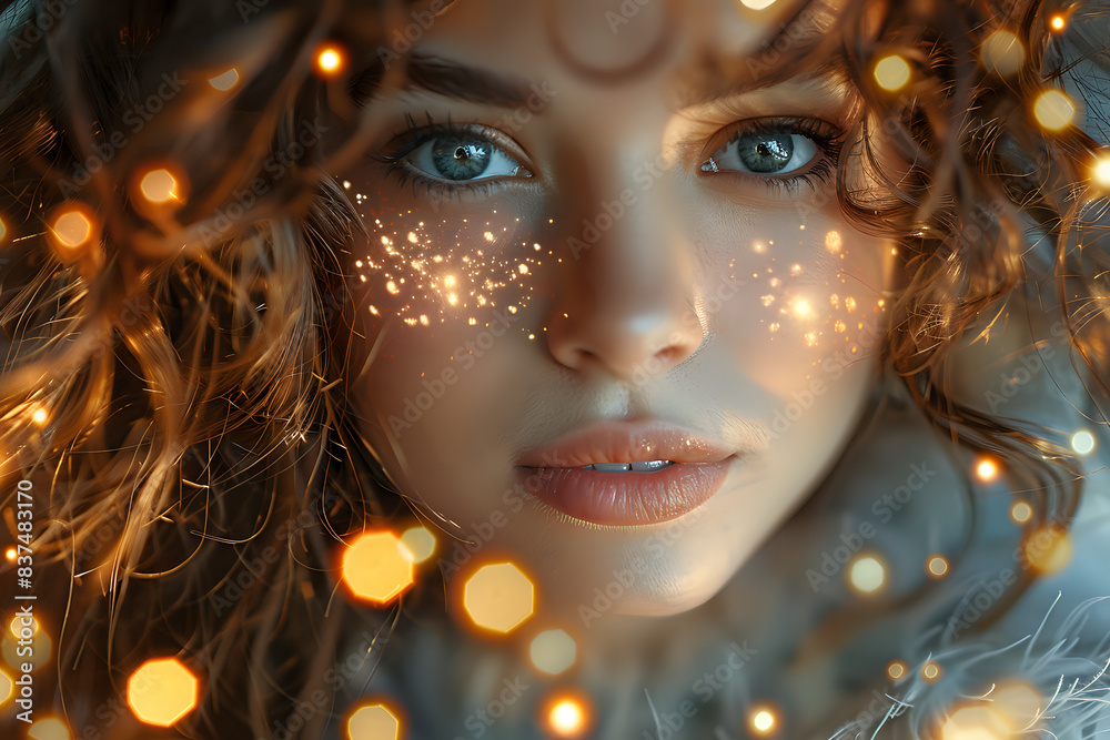 Close-up portrait of a woman with curly hair and sparkling lights on her face, creating a magical and enchanting image, perfect for beauty, fashion, and creative projects