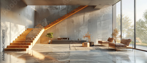 Hyperrealistic interior panorama with nonreflecting beton concrete floor, modern furniture, white walls, and wooden staircase, under studio lights photo