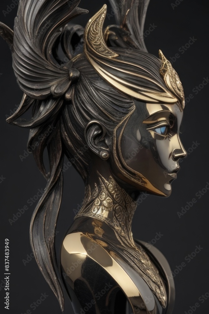 a golden statue with a headdress and horns a golden statue with a headdress and horns
