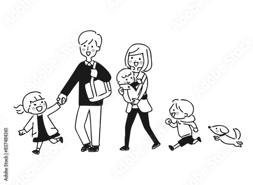家族でお出かけしているイラスト　モノクロ