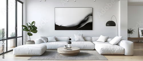 Large poster in a spacious minimalist living room with light wood accents photo