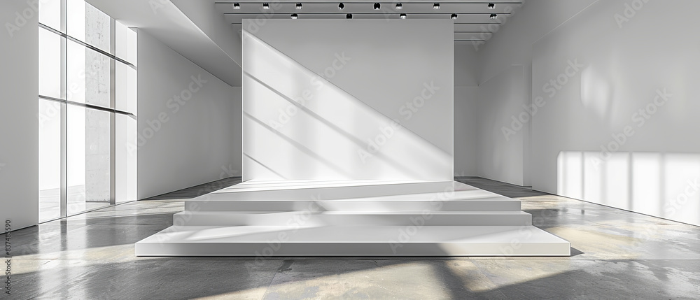 Obraz premium Minimalist design podium in a brightly lit gallery