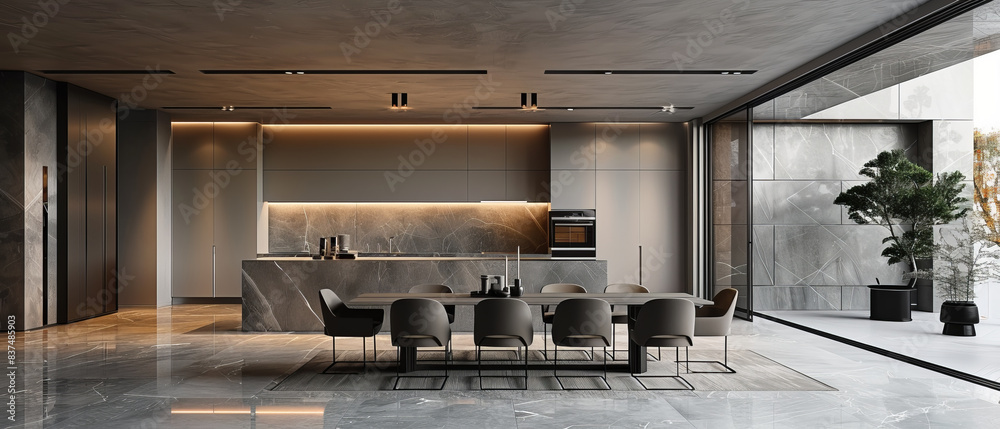 Minimalist dining room with a modern aesthetic and clean lines Minimalist dining room with a modern aesthetic and clean lines