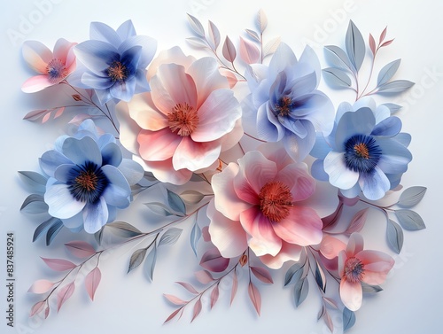 Elegant pastel paper flowers in pink and blue hues, beautifully arranged against a soft background for a delicate and artistic look.