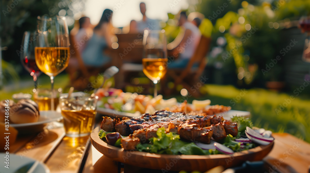 Backyard afternoon snack table with grilled BBQ meat. salads, wine, outdoor dining, festive atmosphere, and joyful people in background Backyard afternoon snack table with grilled BBQ meat. salads, wine, outdoor dining, festive atmosphere, and joyful people in background