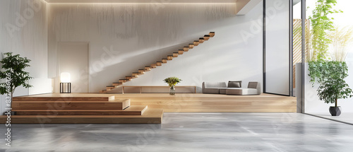 Minimalist interior design with beton concrete floor, modern furniture, white walls, and wooden staircase, illuminated by studio lights © Starkreal