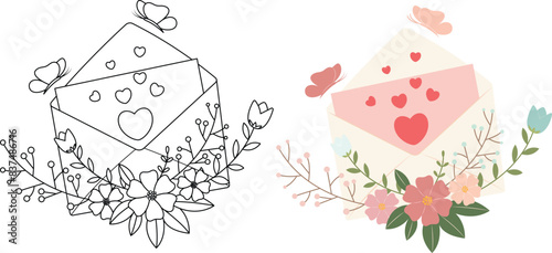 Envelope with wildflower outine coloring page. Postal envelope with spring flowers, gentle postcard for a message, congratulations on the spring holiday, birthday. flat pattern, pastel colors. photo
