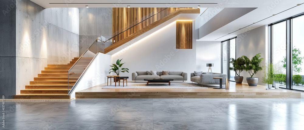 Fototapeta premium Modern and spacious interior with nonreflecting beton concrete floor, sleek furniture, white walls, and wooden staircase, studio lighting