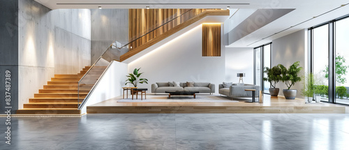 Modern and spacious interior with nonreflecting beton concrete floor, sleek furniture, white walls, and wooden staircase, studio lighting photo