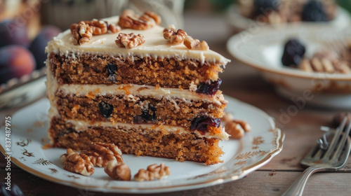 Walnuts, prunes, and dried apricots enrich this carrot cake photo