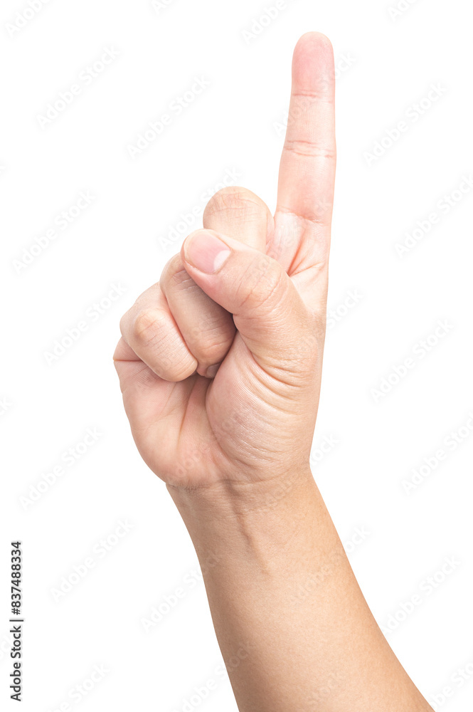 Male hand show finger number one isolated on white background.