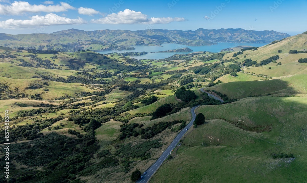 View from the Banks Peninsula Hilltop Lookout Point to Akaroa, Canterbury, New Zealand. View from the Banks Peninsula Hilltop Lookout Point to Akaroa, Canterbury, New Zealand.
