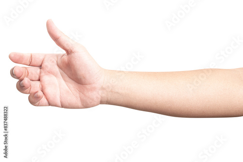 isolated of male hand holding something like a bottle or can.