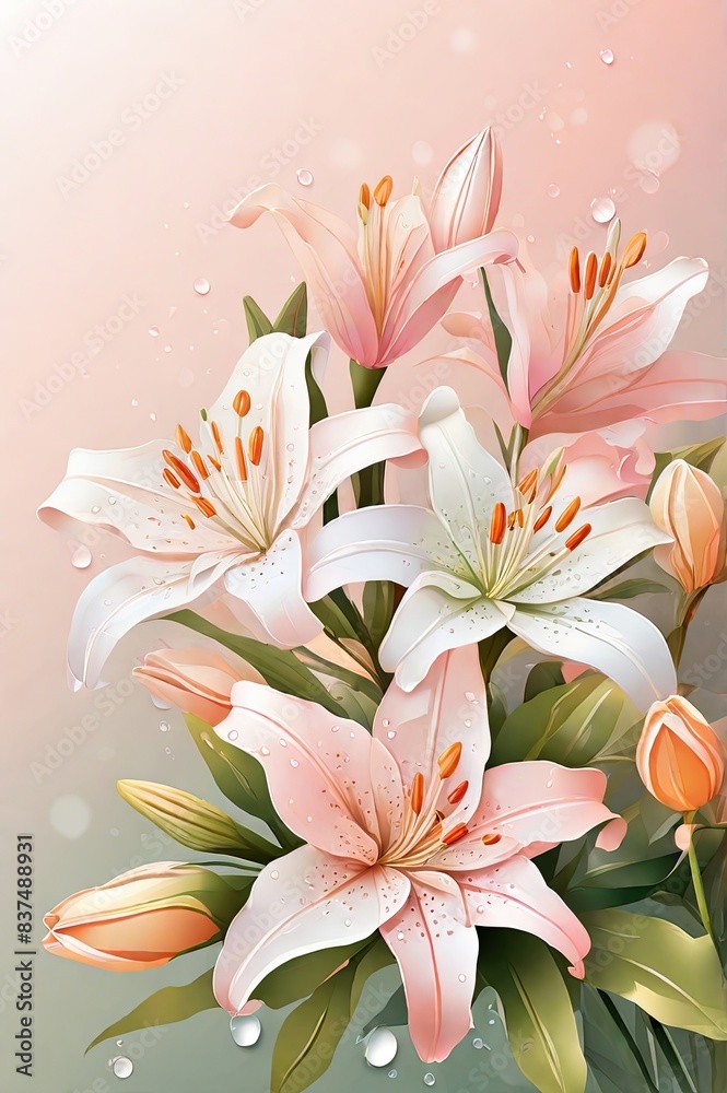 Fototapeta premium Cluster of Lilies with Soft Gradient Background and Dew Drops