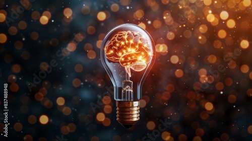 bright light bulb with a glowing wire shaped brain generative ai photo