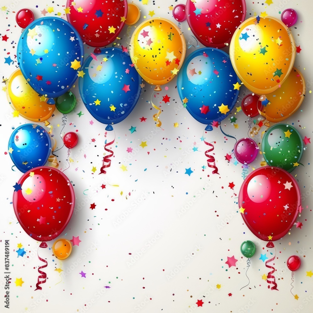 Colorful Birthday Party Balloon Arch with Confetti on White Background Celebrating Festive Event with Joyful Vibes