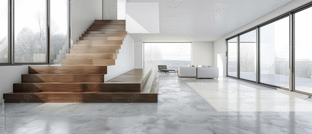 Simple and modern interior featuring nonreflecting beton concrete floor, sleek furniture, white walls, and wooden staircase, studio lighting Simple and modern interior featuring nonreflecting beton concrete floor, sleek furniture, white walls, and wooden staircase, studio lighting