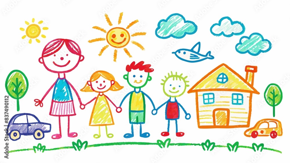 Welcome home! A child's colorful chalk creation showcases their loving family nestled in a charming house, bathed in warm sunshine. Welcome home! A child's colorful chalk creation showcases their loving family nestled in a charming house, bathed in warm sunshine.