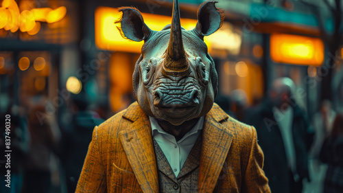 Suave rhinoceros saunters through city streets in tailored splendor, epitomizing street style. photo
