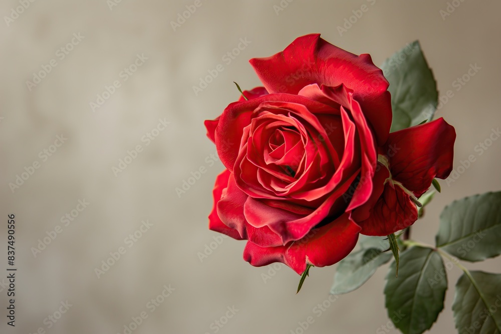 Fototapeta premium AI generated illustration of a vibrant red rose on a stem against a blurred backdrop