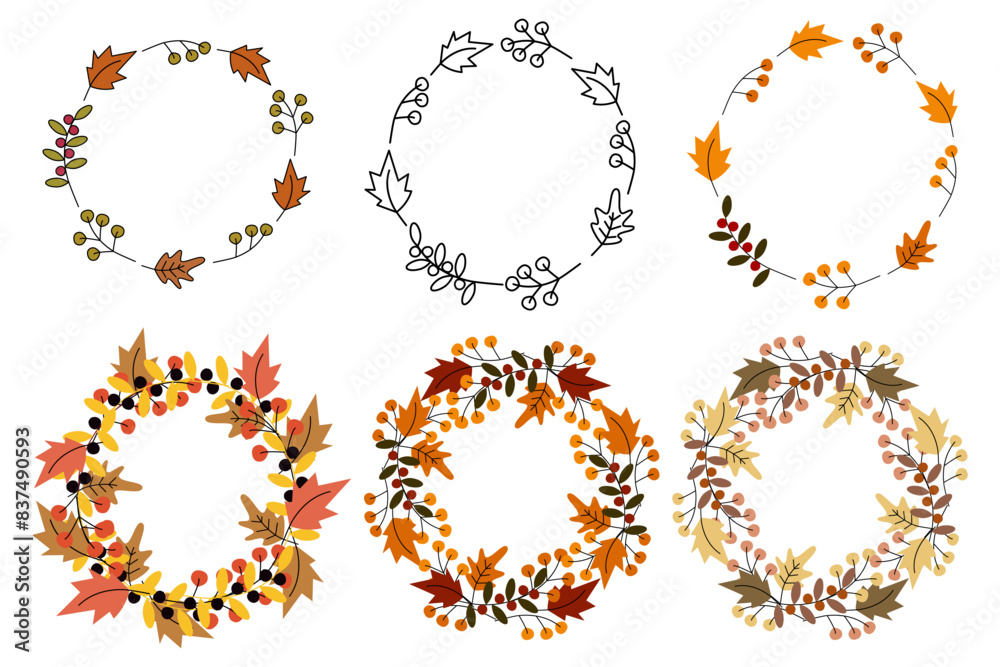 Round wreaths of autumn leaves and berry twigs Simple and lush border Set of 6 Template Copy space Round wreaths of autumn leaves and berry twigs Simple and lush border Set of 6 Template Copy space