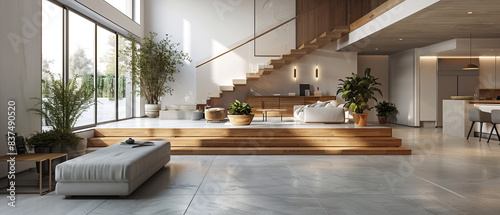 Simple modern interior design featuring nonreflecting beton concrete floor, sleek furniture, white walls, and wooden staircase, studio lights photo