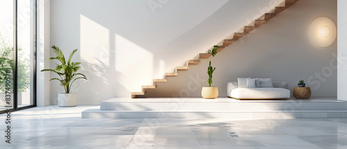 Simple modern interior featuring nonreflecting beton concrete floor, sleek furniture, white walls, and a wooden staircase, studio lights photo