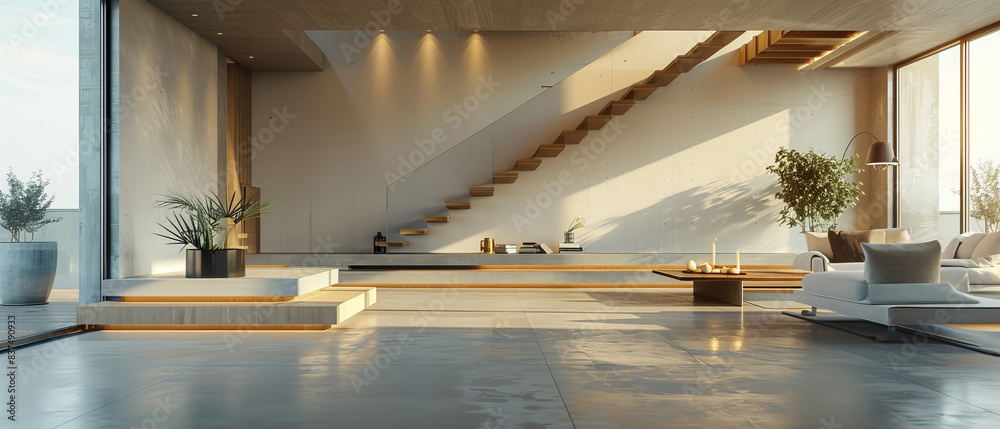Fototapeta premium Spacious minimalist interior with nonreflecting beton concrete floor, contemporary furniture, white walls, and a wooden staircase, with studio lighting