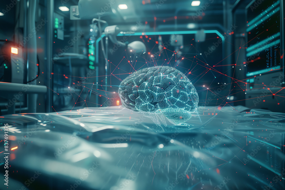 Obraz premium Neural network in medical diagnostics, analyzing patient data, healthcare technology, front view, highlighting precision medicine, futuristic tone, Complementary Color Scheme.
