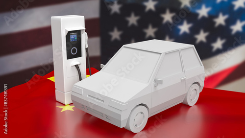 Photography The Ev car on Usa and china flag for Business or technology concept 3d rendering