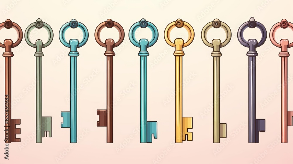 Keys flat design side view locksmith tools theme water color Colored pastel Keys flat design side view locksmith tools theme water color Colored pastel