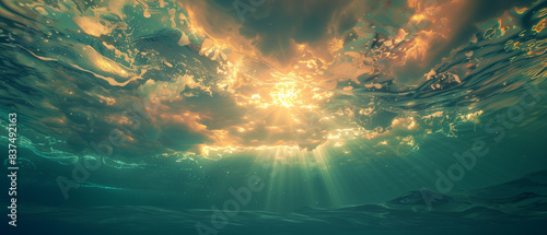 An underwater view captures the sun shining brightly at dawn, casting godrays through the water.
 photo