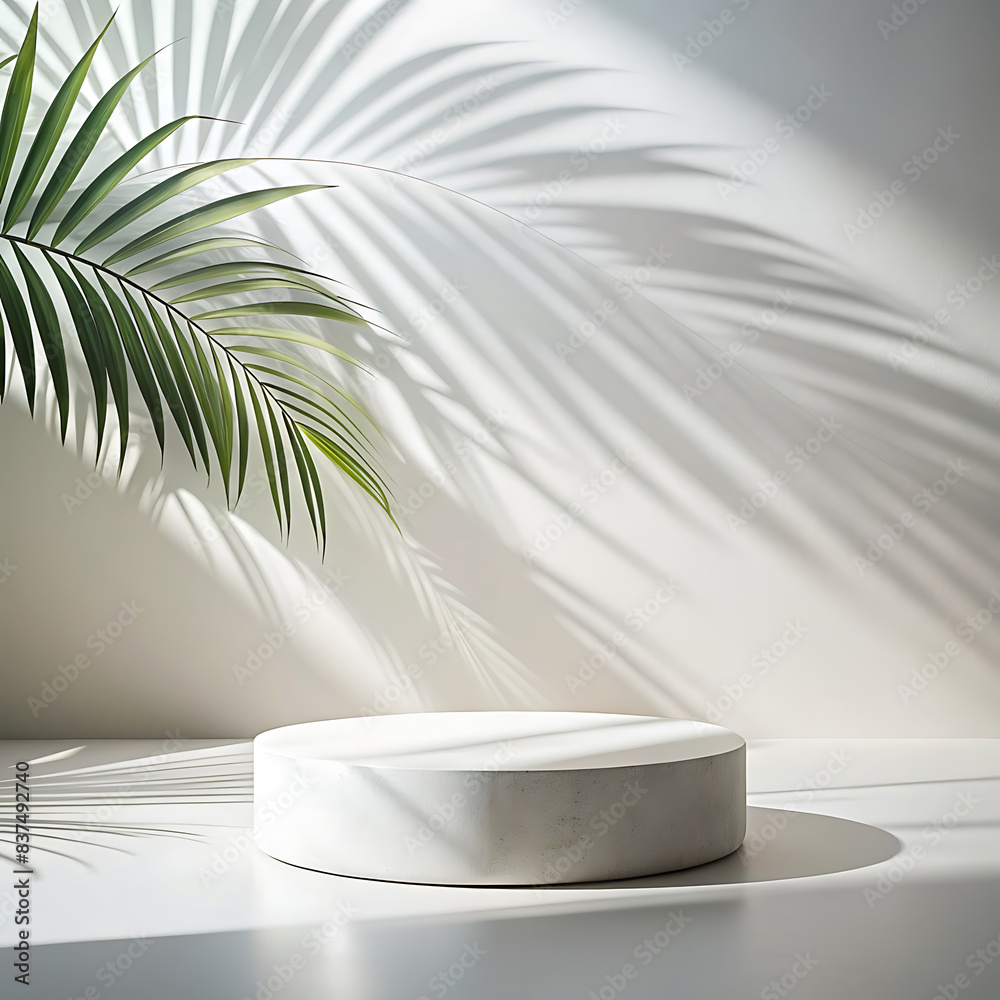Minimalist Product Display White Stone Podium with Palm Shadows on a White Background Minimalist Product Display White Stone Podium with Palm Shadows on a White Background