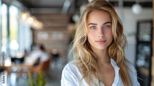 In a modern office, a young and successful female employee poses confidently for a photo.