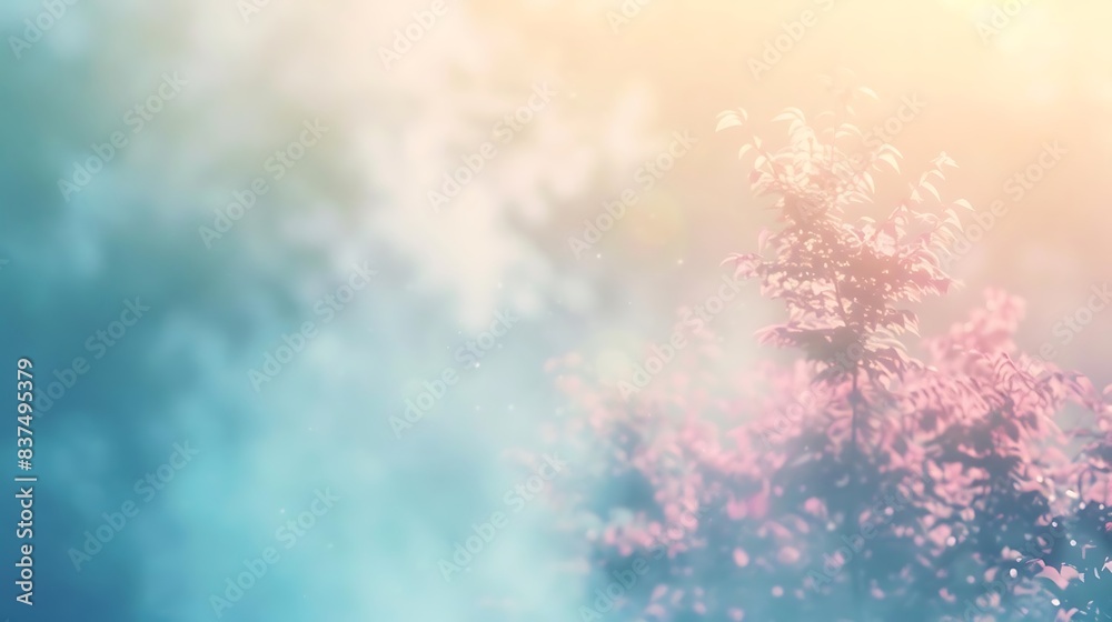 Fototapeta premium a blurry tree stands amidst a colorful array of flowers, including pink, purple, and white blooms, set against a blue sky