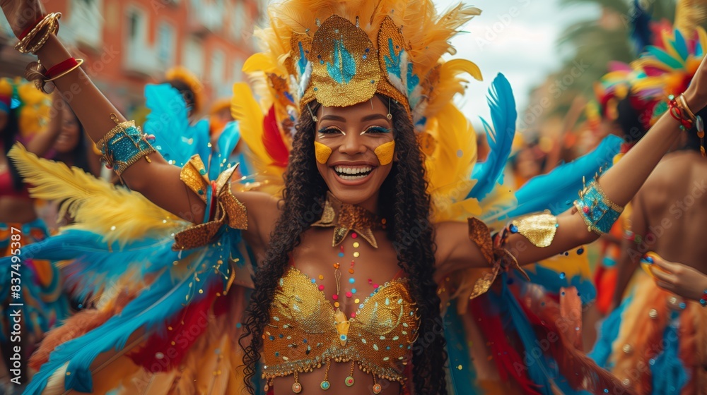 Woman in Colorful Carnival Costume. Joyful woman in a vibrant, feathered costume at a lively carnival celebration. Woman in Colorful Carnival Costume. Joyful woman in a vibrant, feathered costume at a lively carnival celebration.