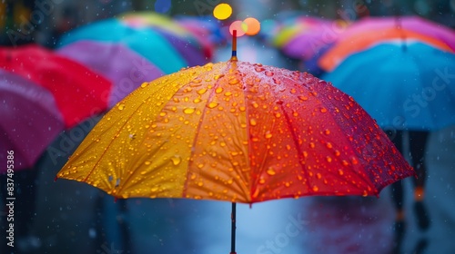 Colorful Umbrellas in Rainy Parade. Brightly colored umbrellas with rain droplets during a festive parade on a rainy day.