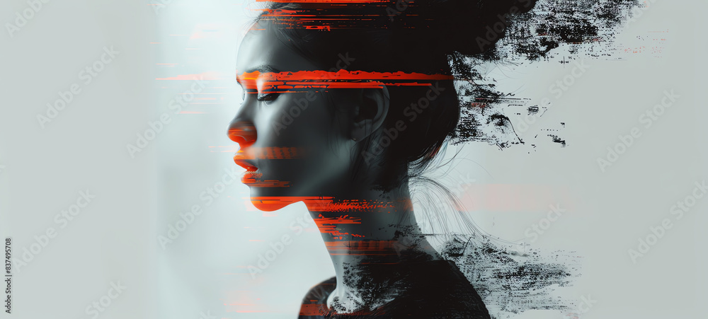 Soft glitches in portrait, slight pixel shifts, delicate features, side view, illustrating understated beauty, advanced tone, Monochromatic Color Scheme. Soft glitches in portrait, slight pixel shifts, delicate features, side view, illustrating understated beauty, advanced tone, Monochromatic Color Scheme.