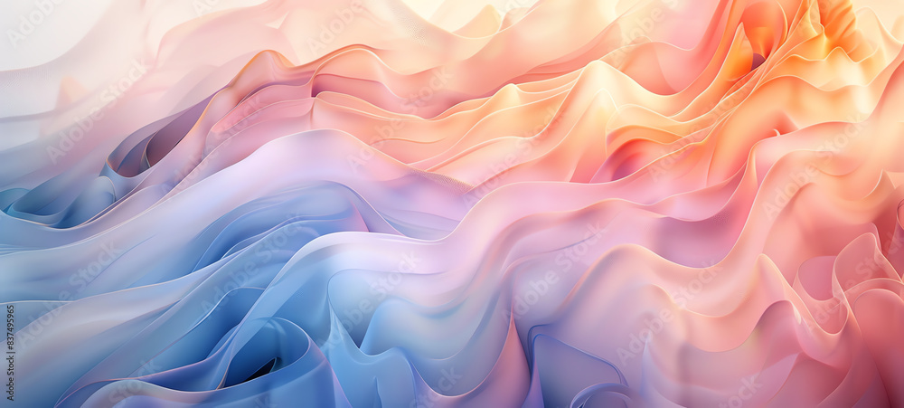 Obraz premium Subtle distortion in abstract art, gentle wave patterns, soft colors, top view, showcasing refined digital aesthetics, digital tone, vivid color scheme.