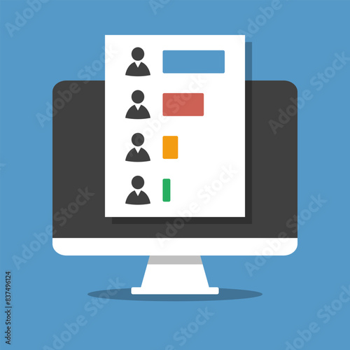 4 candidate online voting exit poll results displayed on computer screen, electronic electoral internet system, flat style vector illustration