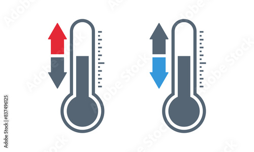 thermometer with red up and blue down arrow, climate control, weather change, flat vector bicolor icon